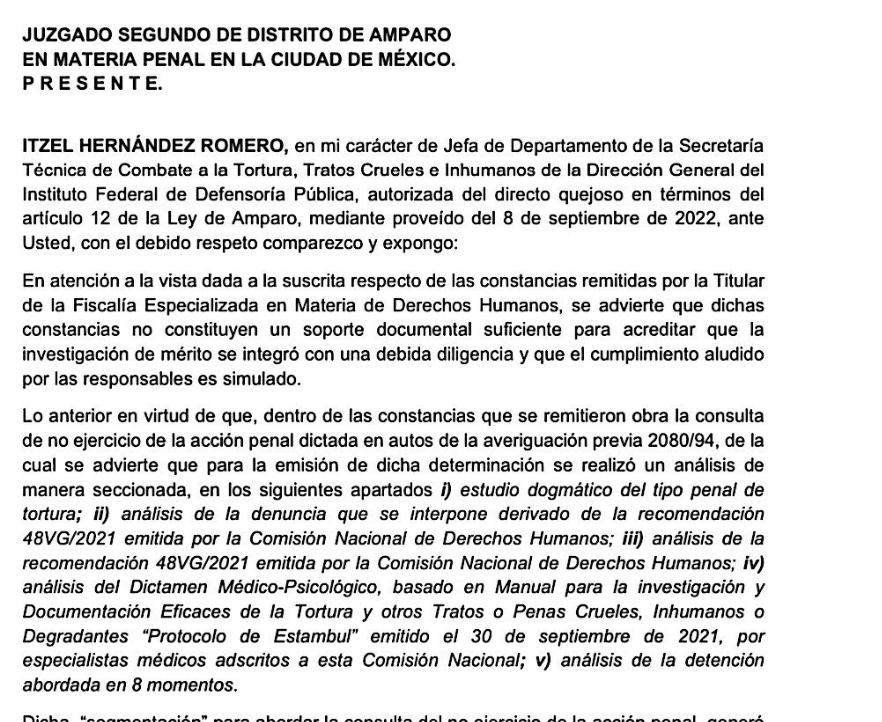 Itzel Hernández Romero, mediante un comunicado, mencionó que no existe un soporte documental suficiente para asegurar que Aburto no fue víctima de tortura.